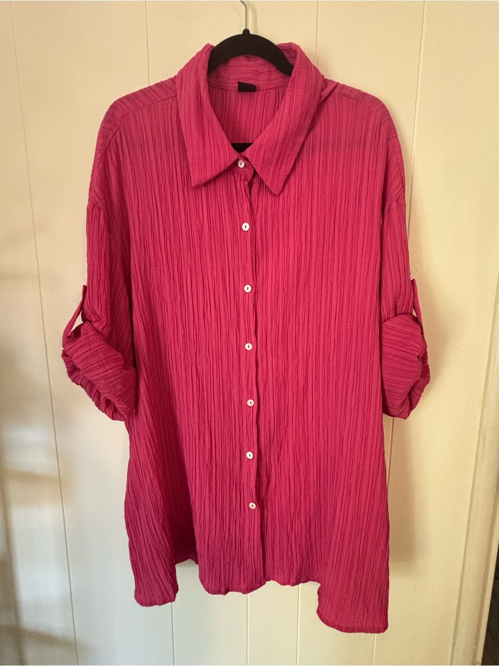 Relaxed Crinkle Button-Down Shirt in Fuchsia